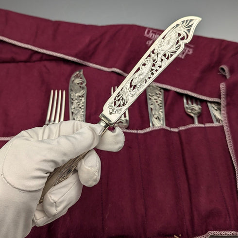 Circa 1860 British Antique Pure Silver Handle Fish Cutlery 6 Pair Aaron Hadfield